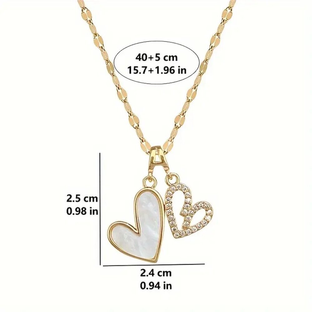 NEW Chic Double-Layer Heart Pendant Necklace Gold with CZ Stones & White Heart - Picture 3 of 3
